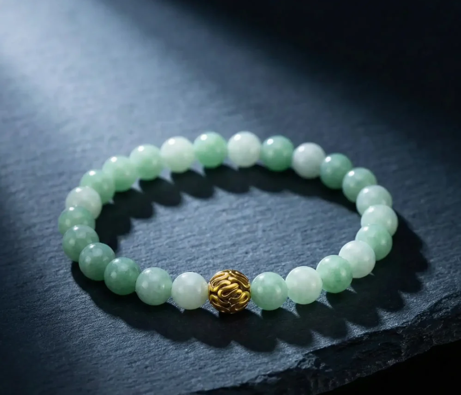 Green Jade Bead Bracelet with Gold Accent
