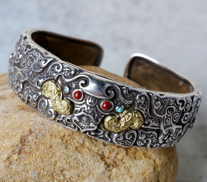 Vintage Silver & Gold Inlay Totem Cuff Bracelet