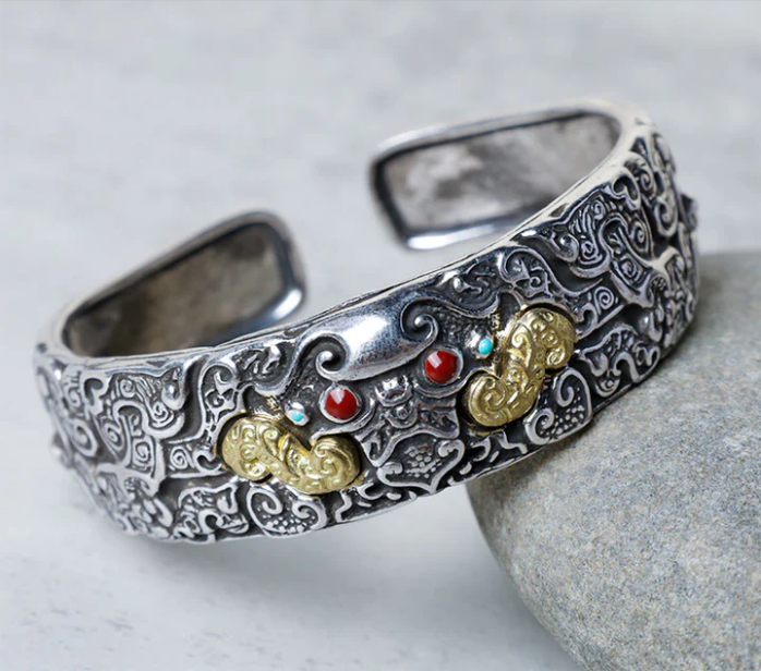 Vintage Silver & Gold Inlay Totem Cuff Bracelet