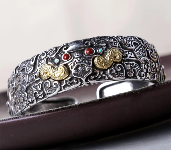 Vintage Silver & Gold Inlay Totem Cuff Bracelet