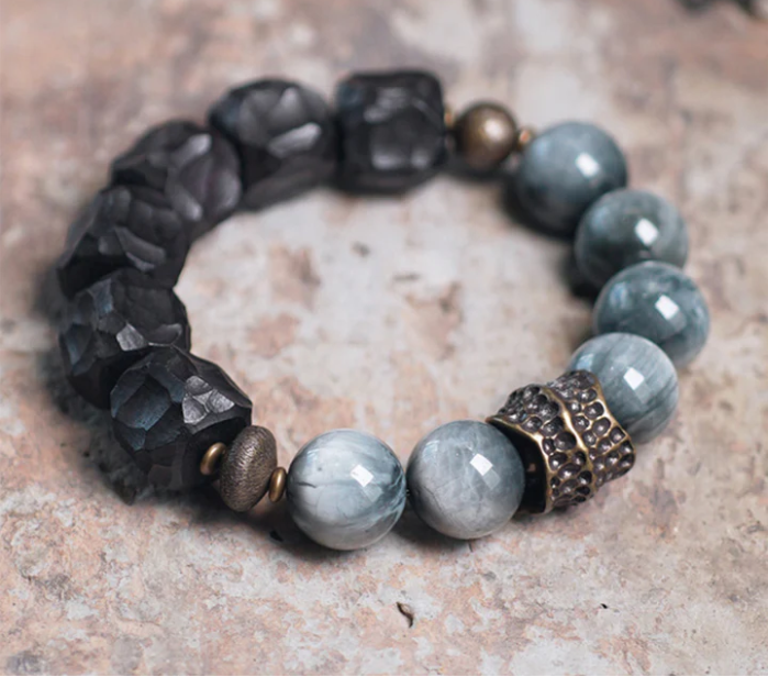Ebony Wood & Hawk Eye Stone Vintage Bracelet