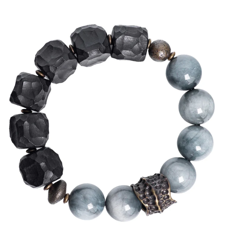 Ebony Wood & Hawk Eye Stone Vintage Bracelet